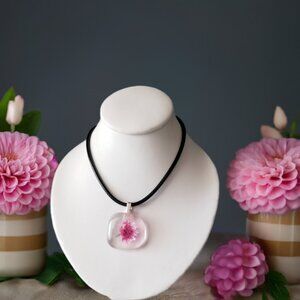 Fun bright pink pointillism dandelion flower fused glass pendant Necklace Gift